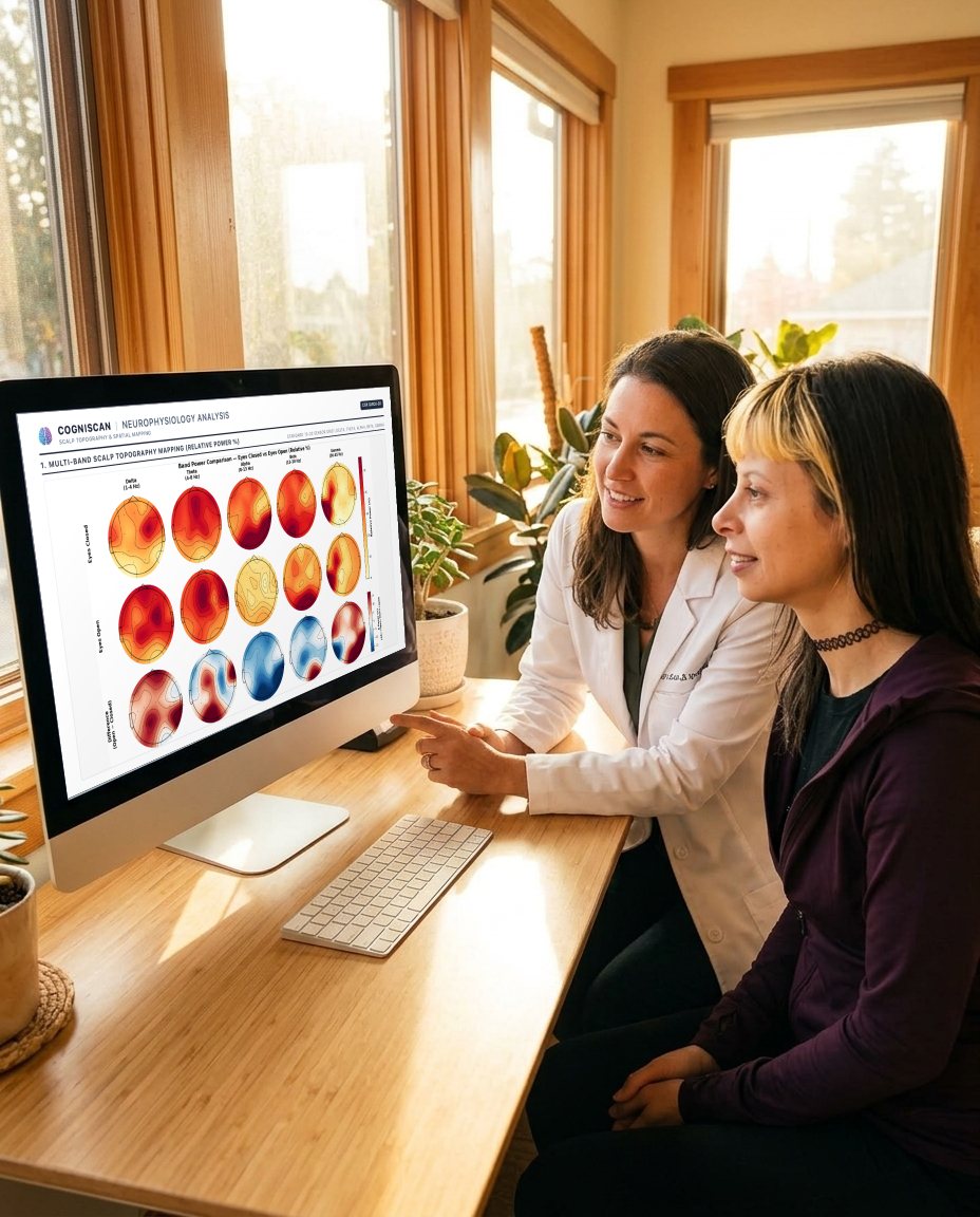 A clinician walking a patient through the scalp maps in her Cogniscan report